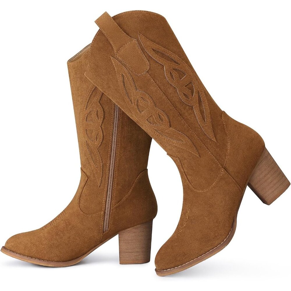 ⚡Women's Camel Mid Calf Cowgirl Boots Western Embroidered Country High Heel - Picture 6 of 6